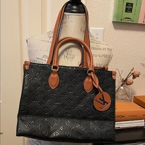 Fashion Black Embossed Monogram Tote with Tan /Brown Trim